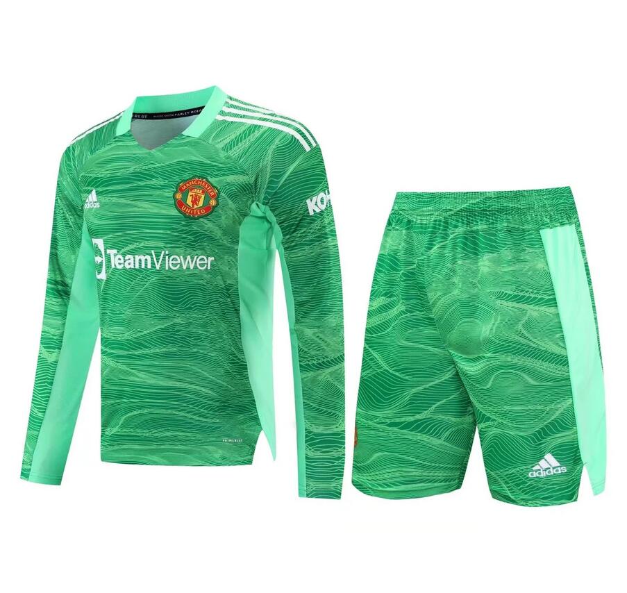 2021/22 Manchester United Dark Green Long Sleeve Goalkeeper Soccer Kits Shirt with Shorts